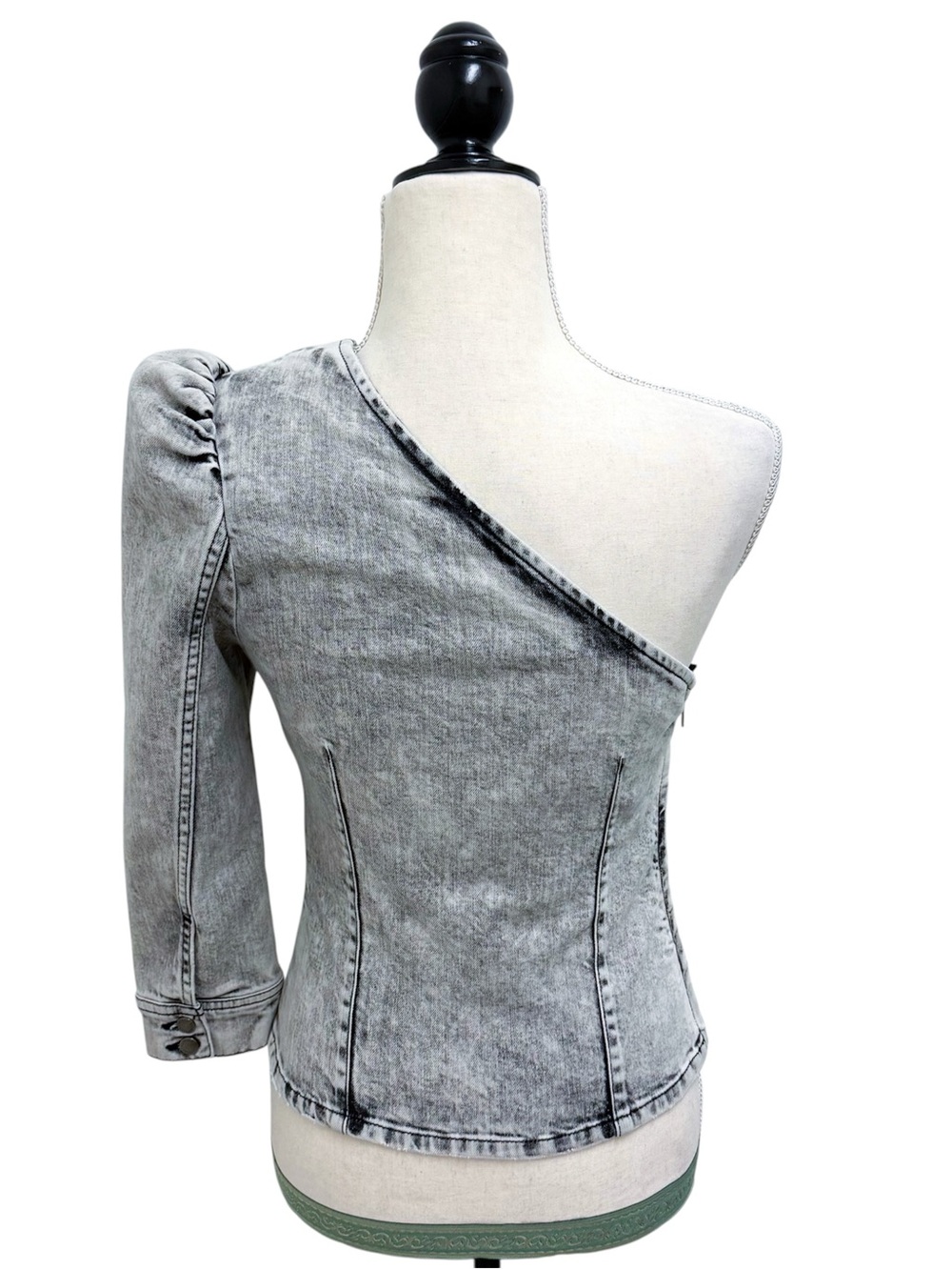 Retrofete Moira Light Grey Acid Wash Denim One 3/4 Puff Sleeve Top Small - Picture 4 of 11
